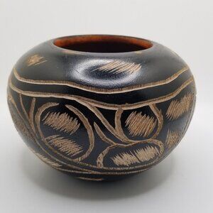 Vintage Hand Carved Etched Wood Vase Bowl Decorative Boho Dark Wood Ethnic Decor